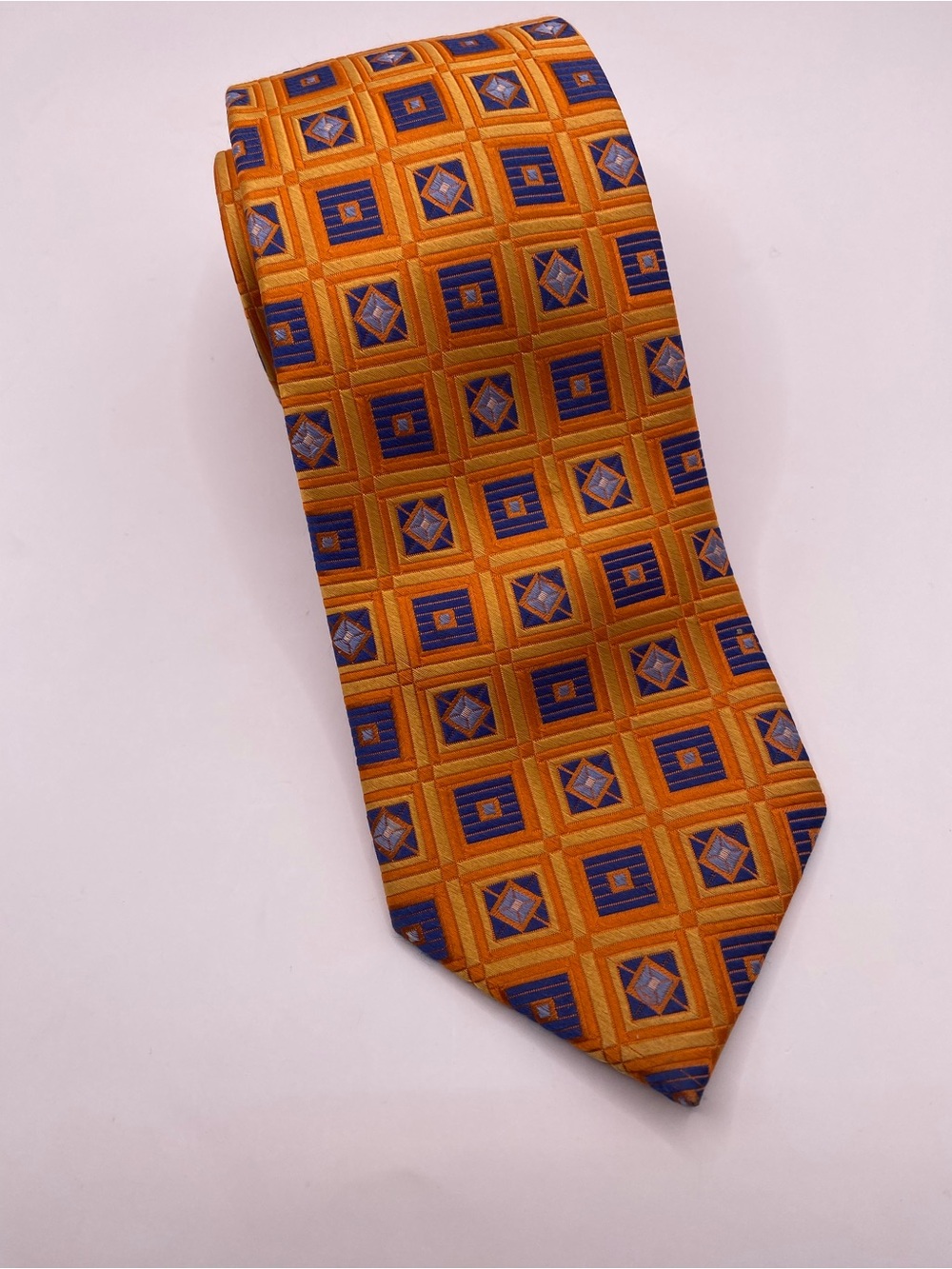 Ike Behar Orange and Blue Geometric Silk Tie